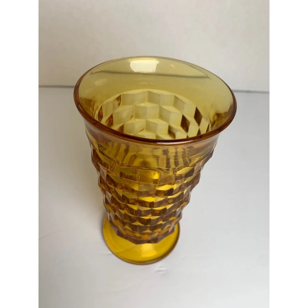 Vintage 70s Amber‎ Glass Footed Tumbler Geometric Cube Pattern Mid Century Retro
